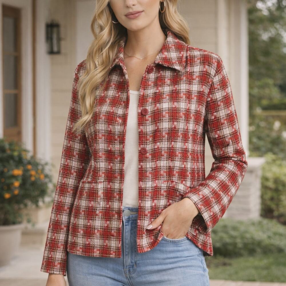 C22 BonWorth Women's Button Down Shirt Plaid Woven Casual Size Medium P